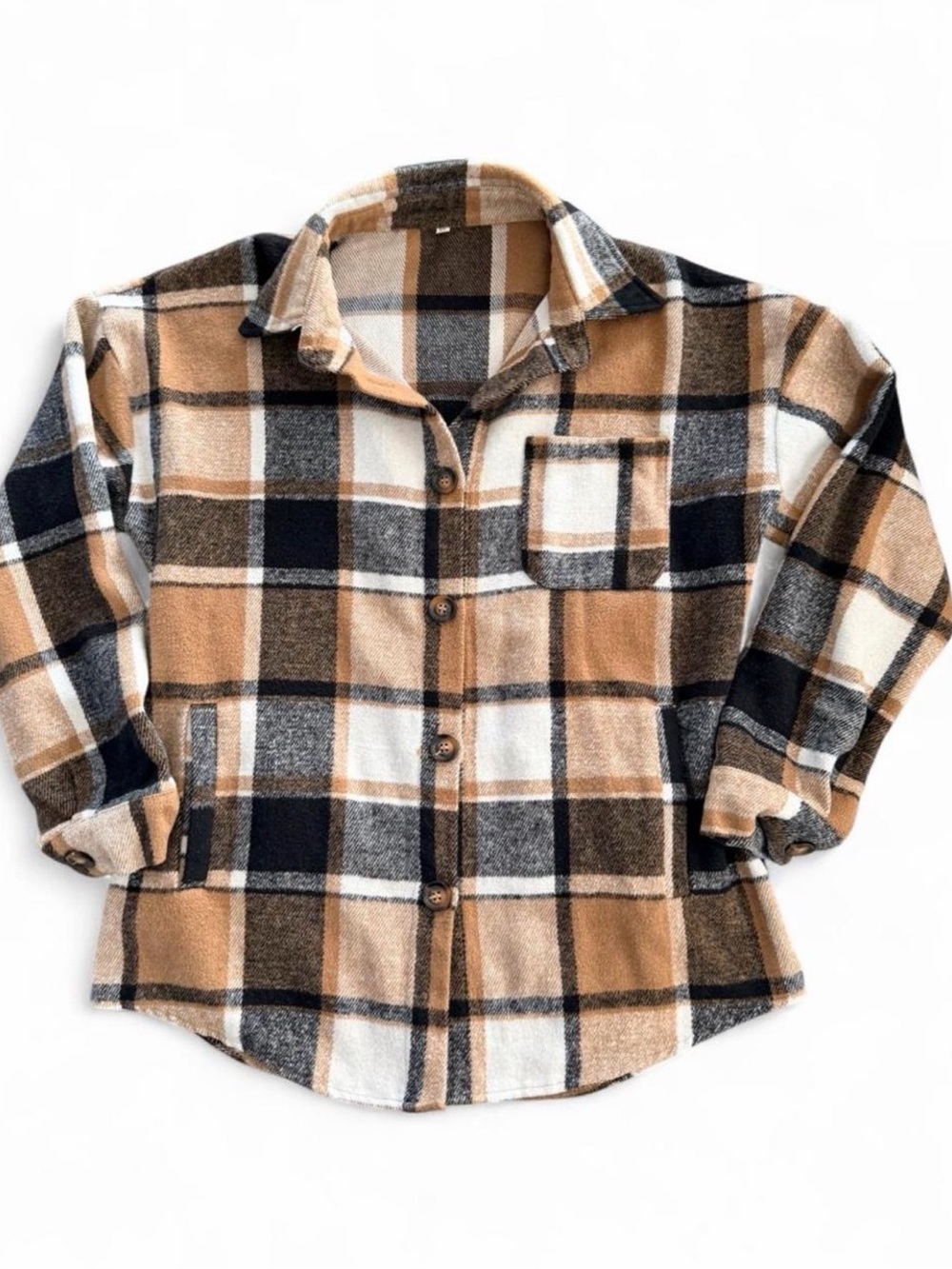 Women’s Plaid Button-Up Shirt Jacket - Tan & Black